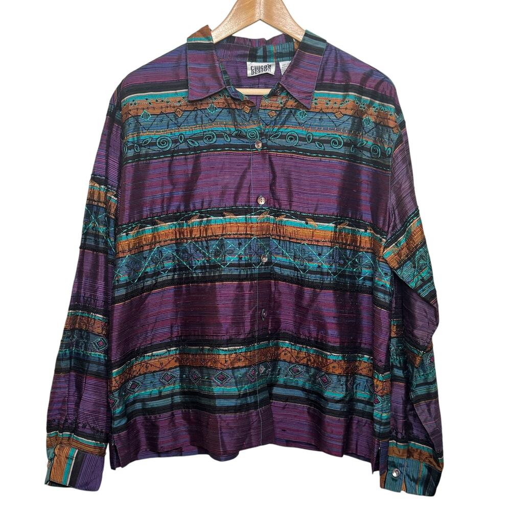 Vtg 100% Silk Beaded Embroidered Southwestern Purple Chico's Design Blouse